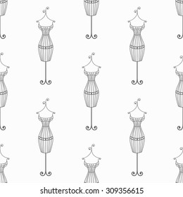 Hand drawn vintage iron mannequin seamless pattern in vector. Doodle illustration. Shopping bag background