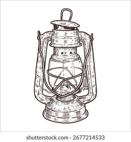 Hand drawn vintage kerosene lamp. Vector illustration.