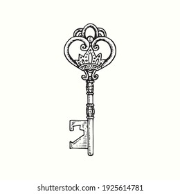 Hand Drawn Vintage Key. Ink Black And White Drawing. Vector Illustration.