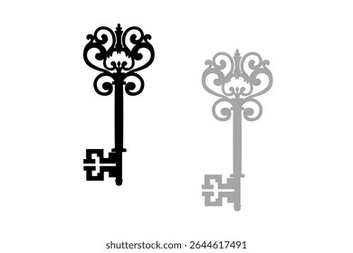 Hand drawn vintage key. Sketch style retro design. Safety and private symbol. Vector illustration isolated on black, gray and white background.