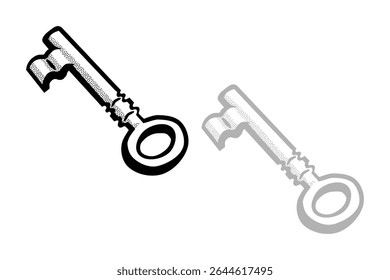 Hand drawn vintage key. Sketch style retro design. Safety and private symbol. Vector illustration isolated on black, gray and white background.