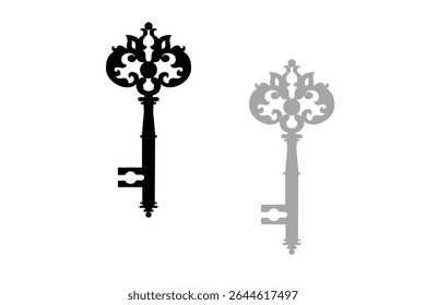 Hand drawn vintage key. Sketch style retro design. Safety and private symbol. Vector illustration isolated on black, gray and white background.