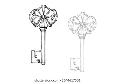 Hand drawn vintage key. Sketch style retro design. Safety and private symbol. Vector illustration isolated on black, gray and white background.