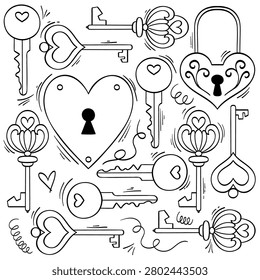 Hand drawn vintage keys locks and keyholes collection