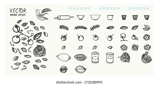 Hand drawn vintage kitchen food illustration set, greeting card, tomato, noodle, lemon, kitchen wear icon. Black outline. Brush painted modern icon kit on white background isolated vector