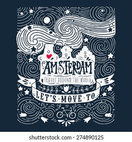 Hand drawn vintage label with Amsterdam canal houses in Van Gogh style