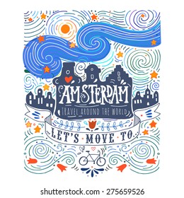 Hand drawn vintage label with Amsterdam canal houses in Van Gogh style. This illustration can be used as a print on T-shirts and bags.