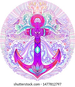 Hand drawn vintage label with an anchor and other decorative elements. Isolated vector illustration. Tattoo, travel, adventure, meditation symbol. 