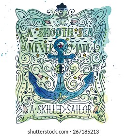 Hand drawn vintage label with an anchor and lettering. The watercolor and ink drawings are two different layers.