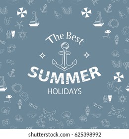 Hand drawn vintage label with anchor and inscription .The elegant design. Vector illustration in white and blue color.