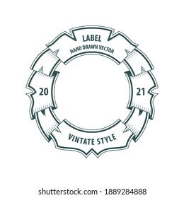 Hand drawn vintage label. Engraving style retro ribbon. Sketch drawing badge. Vector illustration. Part of set.
