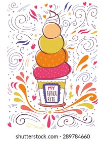 Hand drawn vintage label with ice cream and lettering. This illustration can be used as a print on T-shirts and bags or as a poster.