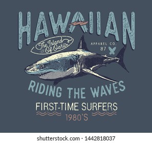 Hand drawn vintage label with a shark and lettering. For apparel t shirt fashion design and or other uses.