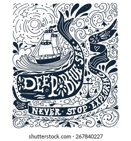 Hand drawn vintage label with a ship, whale and lettering.                 