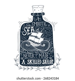 Hand drawn vintage label with a ship in a bottle and hand lettering