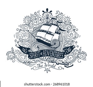 Hand drawn vintage label with a ship and lettering