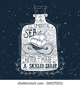 Hand drawn vintage label with a ship in a bottle and hand lettering on blackboard