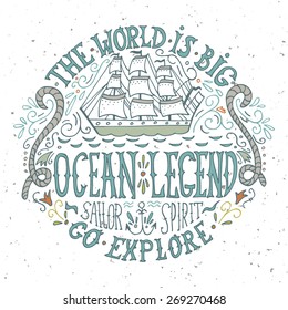 Hand drawn vintage label with a ship and lettering