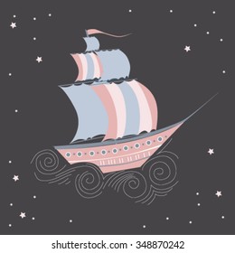 Hand drawn vintage label with a ship