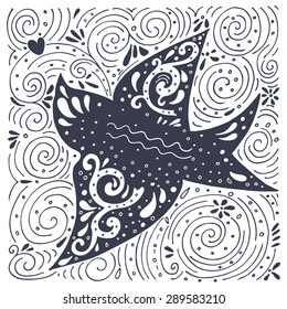Hand drawn vintage label with swallow bird and decoration. This illustration can be used as a print on T-shirts and bags.
