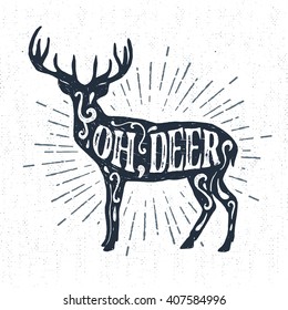 Hand drawn vintage label with textured deer vector illustration and "Oh, deer" lettering.