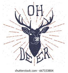 Hand drawn vintage label with textured deer. Vector illustration