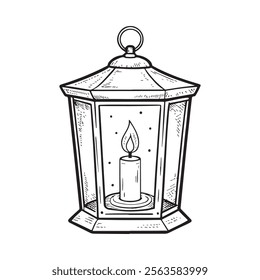 Hand drawn vintage lantern with candle. Tradional Christmas decoration design element. Vector illustration