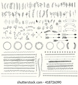 Hand drawn vintage leaves, arrows, feathers, wreaths, dividers, ornaments and floral decorative elements, vector illustration