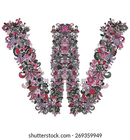 Hand drawn vintage letter W with floral pattern,  flowers, leafs, plants, herbs isolated in pink colors on white background. Art logo design. Luxury style