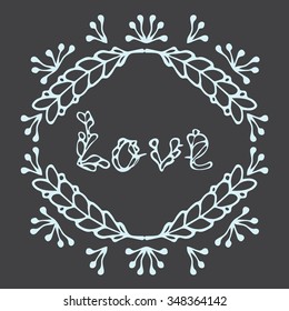 Hand drawn vintage lettering and decoration. Word love in ornate frame. Chalkboard imitation.  Romantic headline. Can be used as greeting card, print on T-shirt, bag.Happy Valentines Day Card Design.
