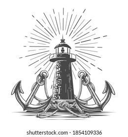 Hand Drawn Vintage Lighthouse graphics in engraving style. Lighthouse two anchors and rope knot. Vector illustration.