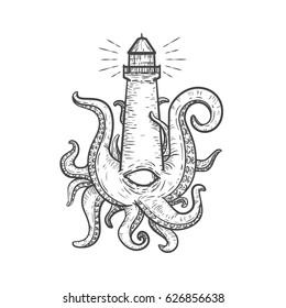 Hand drawn vintage lighthouse monster with tentacles and one eye. Creative original vector illustration in hipster retro style. Style design background for tattoo, textile, cover, poster.