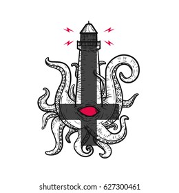 Hand drawn vintage lighthouse monster with tentacles, one eye and black cross. Creative original vector illustration in hipster retro style. Style design background for tattoo, textile, cover, poster.