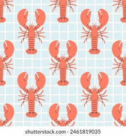 Hand drawn vintage lobster sea food seamless pattern. Marine animal background illustration with crawfish, restaurant cooking ingredient wallpaper texture print.