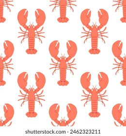 Hand drawn vintage lobster sea food seamless pattern. Marine animal background illustration with crawfish, restaurant cooking ingredient wallpaper texture print.	
