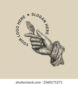 hand drawn vintage logo. bird in hand in engraving style