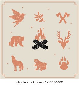 hand drawn vintage logo icon illustrations. nature and wildlife clip art silhouettes. stamp style texture. forest animals clipart, cross axes, antlers, deer and bear. camping and hiking themed design