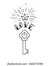 Hand drawn vintage love key with heart and crown in traditional tattoo style. Vector illustration.