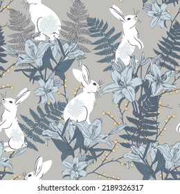 Hand drawn vintage magic forest seamless pattern with bunnies, lillies and fern.