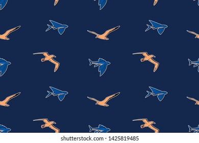 Hand drawn vintage marine wildlife seamless pattern vector illustration. Albatross, gull and flying fish sketch endless background.   