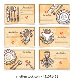 Hand drawn vintage menu set with cutlery and crest images and place for invitation text vector illustration