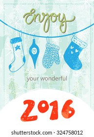 Hand drawn vintage Merry Christmas grungy postcard. New year vector illustration.