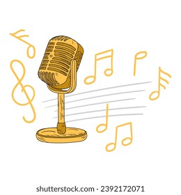 hand drawn vintage microphone. musical notes and old microphone illustration. doodle gold microphone and music symbols