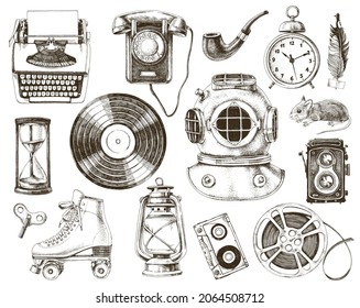 Hand drawn vintage monochrome objects collection