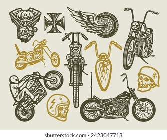 Hand drawn vintage motorcycle illustrations set