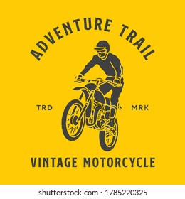 Hand drawn vintage motorcycle logo illustration; Adventure trail.