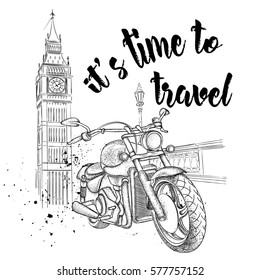 Hand drawn vintage motorcycle on background. London, Big Ben. Vector illustration