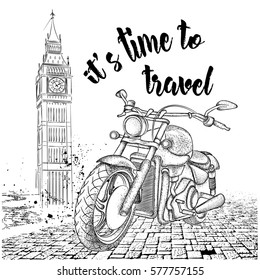 Hand drawn vintage motorcycle on background. London, Big Ben. Vector illustration