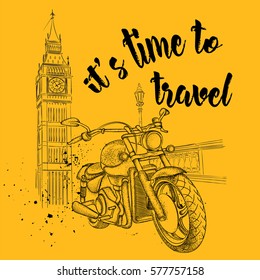 Hand drawn vintage motorcycle on background. London, Big Ben. Vector illustration