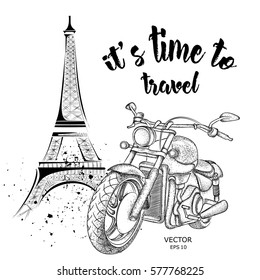 Hand drawn vintage motorcycle on background.  France, Paris, Eiffel Tower.  Vector illustration